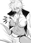  1girl bleach dark-skinned_female dark_skin flashing gloves greyscale hair_between_eyes high_collar highres hip_vent long_hair long_sleeves looking_at_viewer mask monochrome mushi024 navel one_breast_out sitting solo stomach tier_harribel white_background 