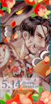  birthday black_hair clenched_teeth commentary_request dated facial_hair floral_background gold_necklace gra3m happy_birthday highres irezumi majima_gorou male_focus one-eyed ryuu_ga_gotoku short_hair smile snake tattoo teeth topless_male upper_body yakuza 