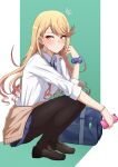  1girl black_legwear blonde_hair cellphone clothes_around_waist gyaru highres long_hair mebi_il mythra_(xenoblade) pantyhose phone scrunchie smartphone solo squatting sweater sweater_around_waist uniform xenoblade_chronicles_(series) xenoblade_chronicles_2 