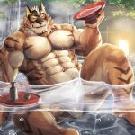  abs alcohol anthro bathing beverage blush drinking drunk felid fur hot_spring i_want_to_make_a_game_with_lots_of_buff_beastmen lifewonders live-a-hero male mammal muscular muscular_anthro muscular_male nipples pantherine pecs ryekie_(live-a-hero) sake solo striped_body striped_fur stripes substance_intoxication tiger towel video_games water 