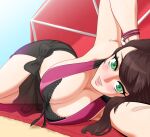  1girl arm_behind_head arms_up blush breasts brown_hair cleavage dorothea_arnault fire_emblem fire_emblem:_three_houses fire_emblem_heroes green_eyes highres large_breasts lips looking_at_viewer lying on_side parasol quelconque8 ribbon sarong see-through_sarong swimsuit umbrella 