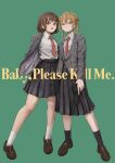  2girls absurdres black_ribbon black_skirt black_socks blonde_hair blue_eyes brown_eyes brown_footwear brown_hair closed_mouth collared_shirt green_background gun hair_ribbon handgun highres holding holding_gun holding_weapon kill_me_baby kinakojojo loafers long_hair long_sleeves looking_at_viewer multiple_girls necktie open_mouth oribe_yasuna pleated_skirt red_necktie ribbon school_uniform shirt shoes simple_background skirt smile socks sonya_(kill_me_baby) twintails weapon white_shirt white_socks 