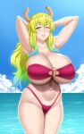  1girl aqua_eyes arms_behind_head arms_up artist_name bangs bare_arms bare_shoulders bikini blonde_hair blue_hair blue_sky blush breasts cleavage cloud collarbone commentary cowboy_shot curvy day gradient_hair green_hair hair_between_eyes highleg highleg_bikini highres horns huge_breasts kobayashi-san_chi_no_maidragon lips long_hair looking_at_viewer lucoa_(maidragon) multicolored_hair navel o-ring o-ring_bikini o-ring_top one_eye_closed outdoors parted_lips red_bikini shiny shiny_hair shiny_skin simple_background skindentation sky smile solo swimsuit thighs twitter_username twrlare wide_hips 