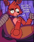  absurd_res animatronic anthro anus balls bottomwear butt canid canine clothing ear_piercing english_text erection exclamation_point eye_patch eyewear five_nights_at_freddy&#039;s fox foxy_(fnaf) genitals hi_res hook_hand looking_at_viewer machine male mammal mykendyke open_mouth pants penis piercing presenting presenting_hindquarters red_body robot scottgames solo text torn_bottomwear torn_clothing torn_pants video_games yellow_eyes 