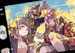  3girls anya_melfissa blonde_hair blue_eyes blush braid breasts brown_hair casual earrings feather_hair_ornament feathers grey_hair hair_ornament hololive hololive_indonesia jewelry keenbiscuit kureiji_ollie large_breasts long_hair looking_at_viewer multicolored_hair multiple_girls pavolia_reine purple_eyes smile streaked_hair v viewfinder virtual_youtuber 