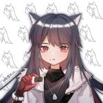  1girl :t animal_ears arknights artist_name black_hair black_shirt chocolate coat eating food food_on_face fur-trimmed_coat fur_trim gloves graykn hand_up highres holding holding_chocolate holding_food jewelry long_hair looking_at_viewer necklace portrait red_eyes red_gloves red_hair shirt solo straight-on texas_(arknights) texas_(winter_messenger)_(arknights) watch white_background white_coat winter_clothes winter_coat wolf_ears wristwatch 