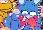  absurd_res anal anal_penetration animatronic anthro avian bent_over bib bird blue_body blush bow_tie buckteeth chicken dildo doggystyle english_text erection female five_nights_at_freddy&#039;s five_nights_at_freddy&#039;s_2 from_behind_position galliform gallus_(genus) genitals group hand_on_butt handjob hi_res lagomorph leporid machine male male/female male_penetrated mammal mykendyke nude onomatopoeia open_mouth pegging penetration penile penis phasianid question_mark rabbit robot scottgames sex sex_toy sex_toy_in_ass sex_toy_insertion sex_toy_penetration sound_effects strapon teeth text tongue tongue_out toy_bonnie_(fnaf) toy_chica_(fnaf) toying_partner trio video_games white_body white_skin yellow_body 