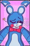  absurd_res animatronic anthro bedroom_eyes black_eyes blue_body buckteeth english_text eyebrows five_nights_at_freddy&#039;s five_nights_at_freddy&#039;s_2 hi_res lagomorph leporid looking_at_viewer machine male mammal mykendyke narrowed_eyes nude one_eye_closed open_mouth question_mark rabbit raised_eyebrow robot scottgames seductive solo teeth text toy_bonnie_(fnaf) video_games wink 