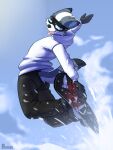  anthro canid canine clothing cloud hi_res hoodie male mammal outside renabu sky snow snowboard snowboarding solo sport teeth tongue topwear 