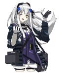  1girl arm_up bag bangs breasts cropped_legs eyebrows_visible_through_hair girls&#039;_frontline gloves green_eyes grey_hair hair_ornament hair_ribbon hairband hairclip highres hk416_(girls&#039;_frontline) holding holding_bag jacket long_hair long_sleeves looking_at_viewer mod3_(girls&#039;_frontline) one_eye_closed open_mouth ribbon shitamichi_4444 smile solo standing tactical_clothes teardrop_facial_mark teardrop_tattoo white_background white_gloves 