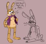  2021 anthro bow_tie broken_legs buckteeth chest_tuft clothing dialogue english_text five_nights_at_freddy&#039;s fnaf_vr_help_wanted fur glitchtrap lagomorph leporid living_fursuit long_ears male mammal multicolored_body multicolored_fur navel nipples open_mouth open_smile rabbit scottgames scut_tail short_tail sitting skkortysoup smile solo speech_bubble standing stitch_(sewing) talking_to_another tan_body tan_fur teeth text topwear tuft two_tone_body two_tone_fur vest video_games whiskers 