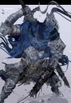  1boy absurdres arm_up armor artorias_the_abysswalker belt belt_buckle blue_cape breastplate brown_belt buckle cape chainmail commentary dark_souls_(series) dark_souls_i english_commentary faulds foot_out_of_frame full_armor gauntlets hand_on_weapon helm helmet highres knight male_focus nslacka pauldrons profile shadow shoulder_armor signature solo sword torn_cape torn_clothes weapon weapon_on_back 