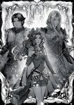  1girl 2boys aerith_gainsborough aerith_gainsborough_(terra&#039;s_garb) angeal_hewley angeal_hewley_(cyan&#039;s_attire) armor beard cape cosplay cowboy_shot cyan_garamonde cyan_garamonde_(cosplay) dagger dated detached_sleeves dress edgar_roni_figaro edgar_roni_figaro_(cosplay) facial_hair final_fantasy final_fantasy_vii final_fantasy_vii_ever_crisis greyscale hair_bobbles hair_ornament hair_ribbon hand_on_own_chest highres kay-i knife long_bangs long_hair monochrome multiple_boys official_alternate_costume parted_bangs parted_lips polka_dot_pantyhose ponytail ribbon sash sephiroth sephiroth_(edgar&#039;s_attire) sheath short_hair shoulder_armor sparkle strapless strapless_dress terra_branford terra_branford_(cosplay) tube_dress twitter_username waist_sash wavy_hair weapon 