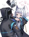  1girl 1other animal animal_ears arknights arrow_(symbol) bangs black_gloves black_jacket cat_ears colored_eyelashes commentary_request doctor_(arknights) flying_sweatdrops gloves green_eyes grey_hair highres hood hood_down hood_up hooded_jacket jacket lifting_person long_sleeves na_tarapisu153 open_clothes open_jacket parted_lips rosmontis_(arknights) short_sleeves simple_background white_background 