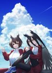  2girls absurdres agnes_tachyon_(umamusume) ahoge animal_ears bandaid bandaid_on_knee bandaid_on_leg bangs black_hair black_legwear blue_footwear blue_sky breasts brown_eyes brown_hair cloud cloudy_sky contrail day eyebrows_visible_through_hair hair_between_eyes highres horse_ears horse_girl horse_tail jacket knee_up long_hair manhattan_cafe_(umamusume) medium_breasts multiple_girls outdoors pants pearlscale0818 red_eyes red_jacket red_pants red_shorts shoes short_shorts shorts sitting sky tail torn_clothes torn_legwear track_jacket track_pants track_suit umamusume very_long_hair 