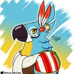  anthro avian beak bird black_beak blue_body blue_feathers breath_of_the_wild brown_clothing clothed clothing digital_media_(artwork) feathers fur hi_res hush_mccloud kass_(tloz) looking_at_viewer male multicolored_body multicolored_fur nintendo princess_zelda red_clothing rito simple_background solo the_legend_of_zelda topwear video_games white_body white_clothing white_feathers yellow_body yellow_eyes yellow_feathers 