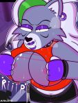  absurd_res anthro areola bedroom_eyes big_breasts black_pupils bodily_fluids bottomwear bracelet breasts camel_toe canid canine canis clothing collar ear_piercing female fingerless_gloves five_nights_at_freddy&#039;s five_nights_at_freddy&#039;s:_security_breach gloves green_hair grey_body hair handwear hi_res jewelry knife looking_at_viewer mammal mykendyke narrowed_eyes navel nipples piercing pink_nipples pupils roxanne_wolf_(fnaf) scottgames seductive shirt shorts smile solo sweat sweaty_breasts topwear torn_clothing torn_shirt torn_topwear video_games white_hair wolf yellow_eyes 