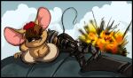  2015 anthro big_breasts bottomwear breasts buckteeth clothing cosplay cybernetic_arm cybernetic_limb digital_media_(artwork) dutch_(artist) explosion female furiosa hair mad_max mad_max_fury_road mammal markings misty_(dutch) misty_the_mouse mole_(marking) mouse murid murine red_hair rodent solo teeth topwear 