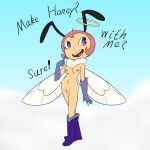  absurd_res antennae_(anatomy) arthropod bee boots breasts clothing female footwear genitals gloves hair halo handwear hi_res honey_(helluva_boss) hymenopteran insect mostly_nude neck_tuft purple_eyes pussy red_hair solo text tuft whitebats wings 