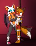  &lt;3 2_tails anthro blush bodily_fluids breast_squish breasts bulge canid canine chiropteran cleavage clothed clothing collar dominant dominant_female duo female fox genital_fluids hi_res male male/female mammal midriff miles_prower multi_tail one_eye_closed precum rouge_the_bat sega sex_toy sonic_riders sonic_the_hedgehog_(series) squish submissive submissive_male tape_bondage tied_to_pole underwear vibrator wings zeecibee 