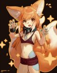  1girl alternate_hairstyle animal_ears arknights artist_name black_background bra breasts chain character_name claw_pose cowboy_shot cuffs fox_ears fox_girl fox_tail green_nails halloween_costume highres long_hair looking_at_viewer midriff navel open_mouth orange_hair red_bra red_shorts shackles shorts simple_background small_breasts solo songchuan_li sparkle strap_slip suzuran_(arknights) tail tearing_up underwear yellow_eyes 