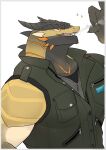  2024 2_horns anthro back_spikes biceps big_arms big_chest big_hands big_muscles bioluminescence black_body black_clothing black_countershading black_horn black_shirt black_spikes black_topwear black_undershirt button_(fastener) claws clothed clothing countershade_arms countershade_face countershade_neck countershade_torso countershading digital_drawing_(artwork) digital_media_(artwork) dragon eyebrows facial_scales facial_spikes finger_claws fingers glowing glowing_spikes gradient_body green_clothing green_jacket green_topwear grey_clothing happy hi_res horn huge_hands jacket looking_at_viewer male military_jacket multicolored_body muscular muscular_anthro muscular_male mythological_creature mythological_scalie mythology open_mouth open_smile orange_eyes orange_spikes pockets portrait pose scale_eyebrows scales scalie sharp_teeth shirt side_view skalld_(gullax_lusar) sleeveless_jacket smile smoke smoke_from_mouth solo sparkles spikes spikes_(anatomy) teeth teeth_showing three-quarter_portrait three-quarter_view topwear ventral_scales vest white_body white_countershading wingless_dragon yanswade yellow_body yellow_scales zipper zipper_topwear 
