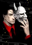  1boy black_necktie brown_eyes commentary_request demon dress_shirt empty_eyes eyepatch facial_hair formal hannya holding holding_mask horns hyla_hyla looking_at_viewer mafia majima_gorou male_focus mask necktie one-eyed red_shirt removing_mask ryuu_ga_gotoku shirt short_hair smoke upper_body white_horns yakuza 