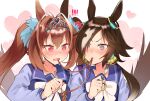  ! !! 2girls animal_ears bangs blush bow bowtie brown_eyes brown_hair closed_mouth daiwa_scarlet_(umamusume) food food_in_mouth fork hair_intakes heart highres holding holding_fork horse_ears horse_girl horse_tail long_hair multicolored_hair multiple_girls nose_blush open_mouth pasta purple_shirt red_eyes sailor_collar school_uniform shirt spaghetti stiff_tail sweatdrop tail tiara tracen_school_uniform twintails two-tone_hair umamusume upper_body usukawa_(uskw_sr) v-shaped_eyebrows vodka_(umamusume) white_bow white_bowtie yuri 