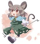  1girl animal_ears black_dress black_footwear blue_capelet blush capelet dowsing_rod dress eyebrows_visible_through_hair full_body grey_hair hair_between_eyes holding jewelry long_sleeves mouse_ears mouse_tail nazrin open_mouth pendant red_eyes rokugou_daisuke shoes short_hair signature solo tail touhou white_legwear 