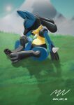  3_fingers 3_toes ambiguous_gender anthro digital_media_(artwork) eyes_closed feet fingers fur grass hi_res lucario miv_art_98 mountain nintendo outside pawpads paws plant pok&eacute;mon pok&eacute;mon_(species) signature simple_background sitting sitting_on_grass solo toes video_games 