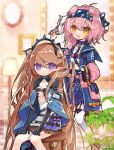  2girls :d :o akebi_(kakororo) animal_ears arknights bangs black_gloves black_hairband blue_jacket blue_skirt blurry blurry_background brown_eyes brown_hair cat_ears cat_girl cat_tail character_request commentary_request depth_of_field dotted_line dress elbow_gloves eyebrows_visible_through_hair feet_out_of_frame frilled_dress frilled_skirt frills garter_straps gloves goldenglow_(arknights) hair_between_eyes hairband highres holding indoors jacket lightning_bolt_print long_sleeves multiple_girls open_clothes open_jacket parted_lips pink_footwear pink_hair pointy_ears print_hairband puffy_long_sleeves puffy_sleeves purple_eyes ribbed_legwear scissors sitting skirt smile standing standing_on_one_leg stool tail thighhighs white_dress white_legwear 