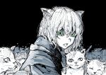  1girl animal_ears bangs black_background cat cat_ears commentary_request green_eyes looking_at_viewer monochrome neko_zukin open_mouth original short_hair solo spot_color upper_body 