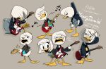  2019 anatid anseriform anthro avian beak bird brother brother_and_sister clothed clothing della_duck disney donald_duck duck ducktales ducktales_(2017) duo female grey_background guitar hi_res hodai japanese_text male musical_instrument plucked_string_instrument sibling simple_background sister string_instrument text young 