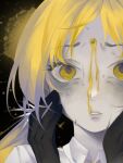  1girl bags_under_eyes black_background black_hands blonde_hair close-up collared_shirt colored_extremities english_commentary golden_number_(vocaloid) gunshot_wound hands_on_own_cheeks hands_on_own_face highres iyowa_girls kaneko_(iyowa) long_hair low_twintails moonmart pale_skin parted_lips portrait shirt simple_background solo splatter sweat twintails very_long_hair vocaloid white_shirt yellow_eyes 