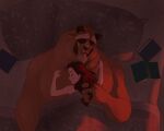 5_fingers absurd_res anthro beast_(disney) beauty_and_the_beast bed bed_sheet bedding belle_(beauty_and_the_beast) bird&#039;s-eye_view book brown_body brown_eyebrows brown_fur brown_hair brown_horn brown_lips brown_nose closed_smile curved_horn disney duo eyebrows eyes_closed fangs female female_human female_on_anthro fingers fur furniture hair head_on_pillow hi_res high-angle_view horn human human_on_anthro inside interspecies larger_anthro larger_male light_body light_skin lips long_hair lying lying_on_another lying_on_bed male male_anthro male_on_human mammal mouth_closed on_back on_bed pillow pink_lips rain1940 romantic romantic_couple size_difference small_ears smaller_female smaller_human smile teeth tender under_covers