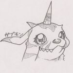  animal_skin anthro bandai_namco blush bust_portrait digimon digimon_(species) gabumon horn male portrait sketch solo tabasukotrr traditional_media_(artwork) 