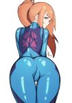  1girl absurdres arched_back ass bent_over blonde_hair blue_bodysuit blue_eyes bodysuit cameltoe closed_mouth distr highres leaning_forward long_hair looking_at_viewer looking_back metroid ponytail samus_aran signature simple_background solo thigh_gap tight white_background zero_suit 
