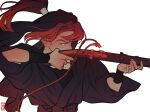  1boy aiming arm_guards bangs brown_hair covered_mouth finger_on_trigger floating_hair flower furrowed_brow gun hair_tubes head_scarf high_ponytail highres holding holding_gun holding_weapon ine_(zx_o4) japanese_clothes long_hair long_sleeves looking_away male_focus ninja ponytail profile rakudai_ninja_rantarou rifle rope simple_background solo tamura_mikiemon untied upper_body weapon white_background 