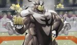  anthro bodily_fluids clothing detailed_background fighting_pose fur grey_body grey_fur human i_want_to_make_a_game_with_lots_of_buff_beastmen legendary_pok&eacute;mon male mammal muscular muscular_anthro muscular_male nintendo pecs pok&eacute;mon pok&eacute;mon_(species) pose solo sweat tabard urshifu ursid video_games 