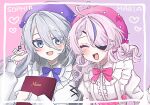  2girls :d ahoge beret blue_eyes blush braid character_name closed_eyes grey_hair hair_between_eyes hat heart heart_ahoge holding holding_menu long_hair looking_at_viewer maria_marionette medium_hair menu multicolored_hair multiple_girls nijisanji nijisanji_en pink_hair short_twintails smile sophia_valentine streaked_hair twintails virtual_youtuber yurrrara00 