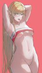  1girl alternate_breast_size armpits arms_behind_head arms_up bandaid bandaid_on_pussy bangs blonde_hair blush breasts chest_sarashi chinese_commentary clothing_request collarbone highres long_hair looking_at_viewer milksasa monogatari_(series) older oshino_shinobu pointy_ears red_background sarashi sidelocks simple_background small_breasts solo sweat swept_bangs teeth tongue tongue_out translated very_long_hair 