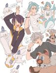  3boys blonde_hair blue_hair blush bracelet earrings ensemble_stars! glowstick grey_hair hair_over_eyes hand_up heart highres himeru_(ensemble_stars!) holding holding_glowstick jewelry korean_text leaning_on_table multicolored_hair multiple_boys ogami_koga open_mouth pokemon purple_hair sengoku_shinobu sitting streaked_hair thisis_miim yellow_eyes 