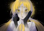  1girl bags_under_eyes black_background black_hands blonde_hair collared_shirt colored_extremities english_commentary golden_number_(vocaloid) gunshot_wound hands_on_own_cheeks hands_on_own_face highres iyowa_girls kaneko_(iyowa) long_hair low_twintails moonmart neckerchief pale_skin parted_lips portrait shirt simple_background solo splatter sweat twintails very_long_hair vocaloid white_shirt yellow_eyes yellow_neckerchief 
