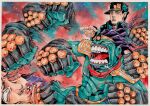  3boys abs absurdres black_gloves blood blue_eyes blue_hat blue_jacket chain closed_eyes face_punch fingerless_gloves gloves hat highres in_the_face jacket jojo_no_kimyou_na_bouken kujo_jotaro let&#039;s_fucking_go_(meme) male_focus meme multiple_boys open_mouth punching saliva stand_(jojo) star_platinum stardust_crusaders steely_dan teeth xfkart 