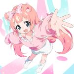  1girl :d animal_ears barefoot blue_background blue_eyes blunt_bangs bow bow_legwear bra bra_peek buttons character_name chromatic_aberration chromu commission dot_nose foreshortening from_above full_body hair_bow happy highres indie_virtual_youtuber light_particles long_hair long_sleeves multicolored_background open_hand open_mouth outstretched_arms paw_socks petite pink_background pink_bow pink_bra pink_hair pink_sweater raised_eyebrows second-party_source shorts single_sleeve_past_fingers smile solo standing standing_on_one_leg striped_bow striped_bra striped_clothes sweater tail tomatomagica twintails underwear white_background white_shorts 