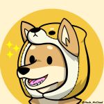  anthro black_eyes black_nose canid canine canis clothed clothing digital_media_(artwork) domestic_dog fur hat headgear headwear hush_mccloud inner_ear_fluff male mammal open_mouth pink_tongue shiba_inu simple_background solo spitz teeth tongue topwear tuft yellow_body yellow_clothing yellow_fur yellow_topwear 