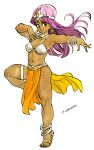  1990s_(style) 1girl anklet armlet armor artist_name belly_chain bikini bikini_armor bikini_top_only black_eyes bracelet choker circlet dancer&#039;s_costume_(dq) dark-skinned_female dark_skin dragon_quest dragon_quest_iv eyeshadow full_body grin highres jewelry loincloth long_hair makeup manya_(dq4) navel non-web_source official_art outstretched_arm pelvic_curtain purple_hair retro_artstyle sandals simple_background smile solo standing standing_on_one_leg swimsuit thighlet toriyama_akira white_background 