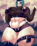  1girl absurdres ass breasts green_hair highres huge_breasts large_breasts latex lingerie magentapeel mature_female muscular muscular_female original patreon_username plump purple_eyes solo underwear 