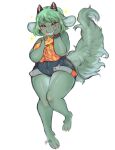  2018 anthro barefoot bottomwear breasts clothing dragon eyes_closed feet female food fur furred_dragon green_body green_fur green_hair hair holding_food holding_object horn indigo_cho on_one_leg sandwich_(food) short shorts simple_background smile solo standing white_background wide_hips 
