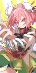  1girl :/ bandaged_arm bandages bangs bike_shorts bun_cover chain commentary double_bun fighting_stance flower flower_ornament green_skirt hair_ribbon highres ibaraki_kasen looking_at_viewer pink_eyes pink_hair red_flower red_ribbon red_rose red_tabard ribbon rose shirt short_hair short_sleeves skirt solo touhou umi_painter white_shirt x_arms 